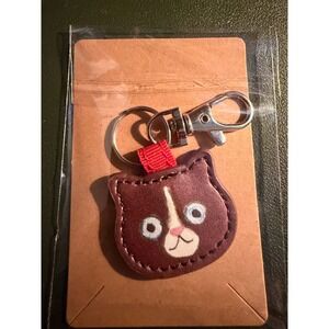 Cute Cat Face Keychain Dark Brown Faux Leather Silver Tone‎ Clasp
